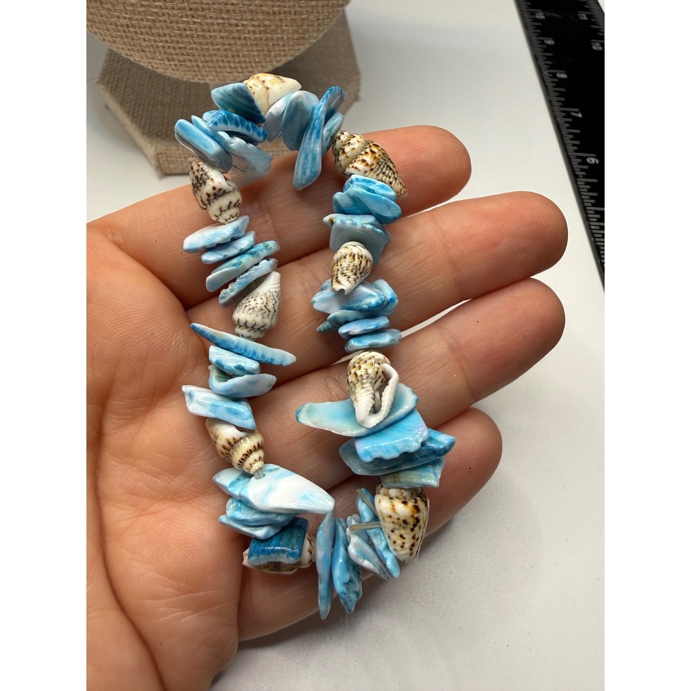 Blue Shell Chip and Natural Seashell Stretch Bracelet Boho Beach Jewelry